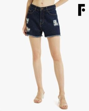 slim fit distressed denim shorts