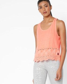 slim fit embroidered sleeveless top with lace inserts