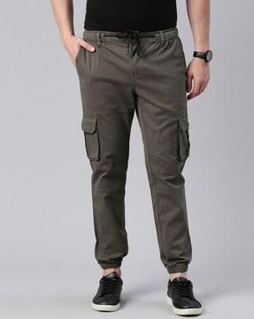 slim fit flat front cargo pants with drawstring