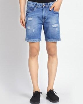slim fit flat-front denim shorts