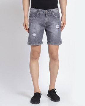 slim fit flat-front denim shorts