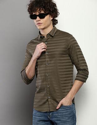 slim fit horizontal stripe satin casual shirt