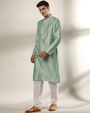 slim fit kurta with embroidered yoke