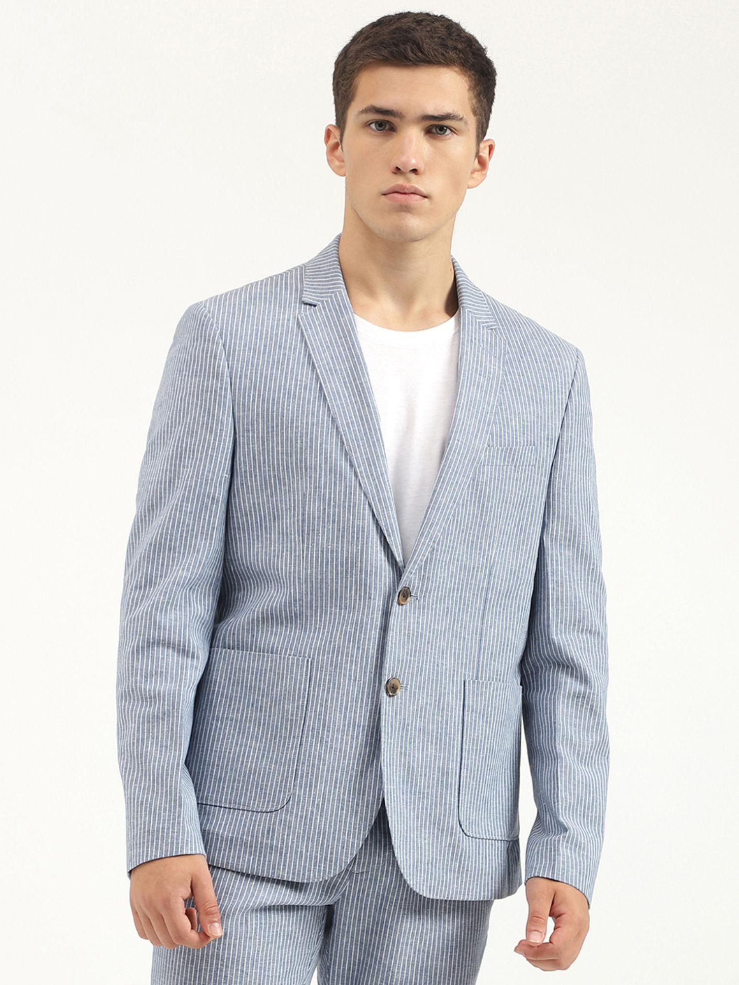 slim fit lapel collar blue striped blazer