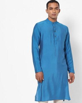 slim fit long kurta with band collar