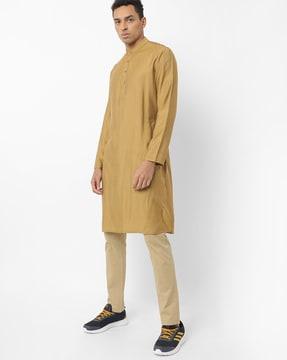 slim fit long kurta with band collar