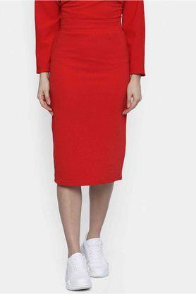 slim fit midi length polyester womens casual skirt - red