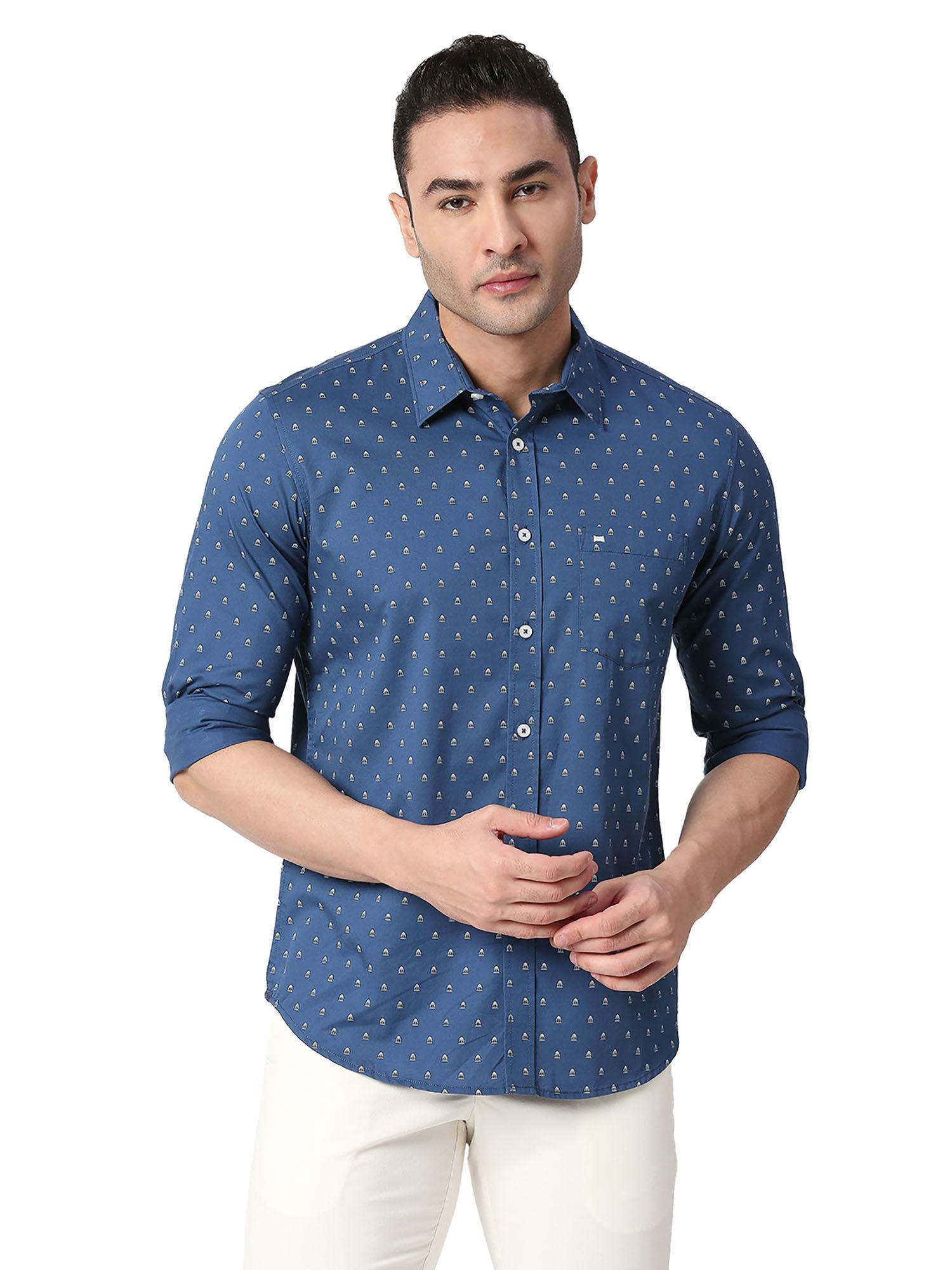 slim fit moroccan blue cotton twill printed shirt