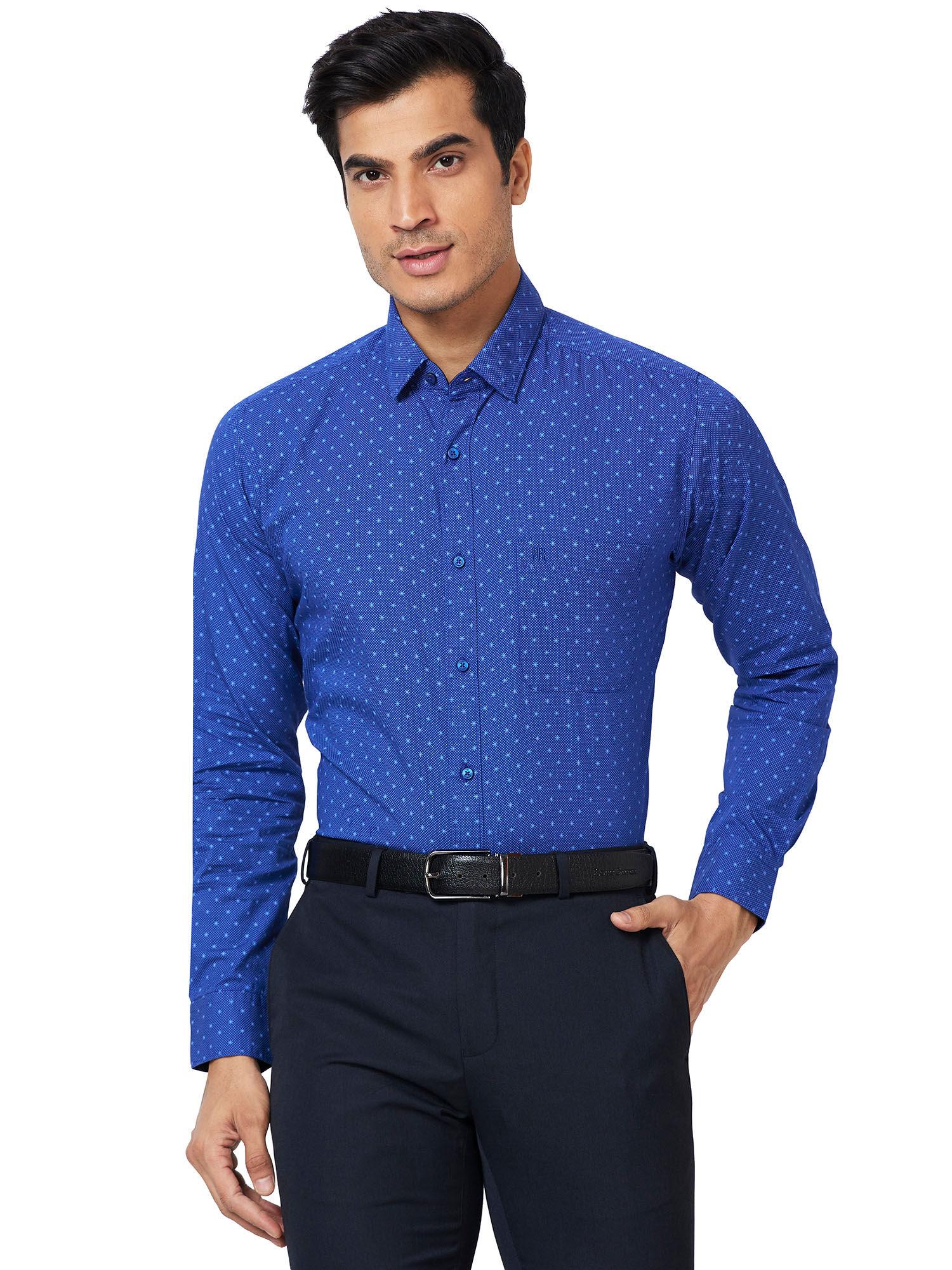 slim fit printed blue formal shirt