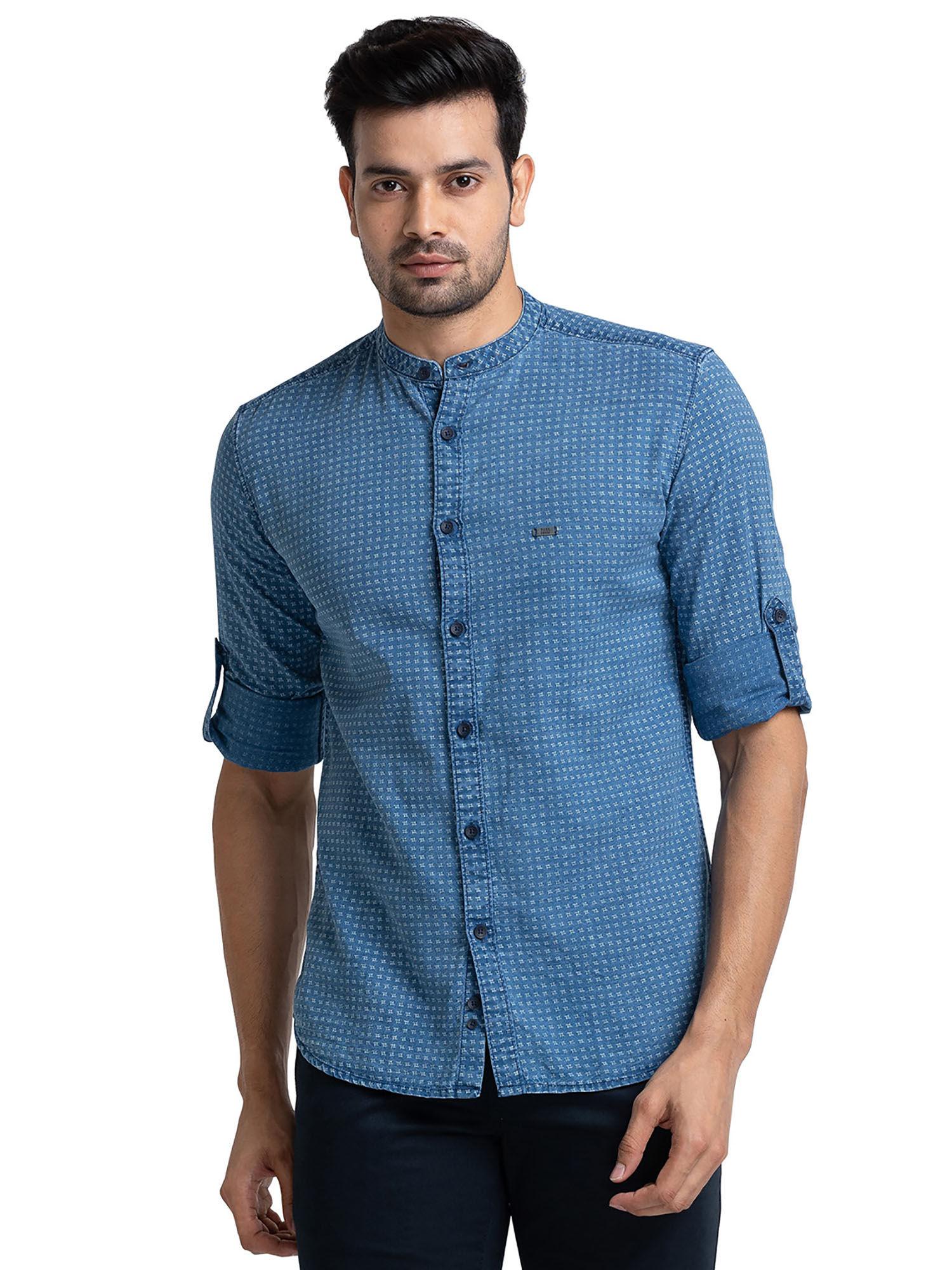 slim fit printed dark blue casual shirt