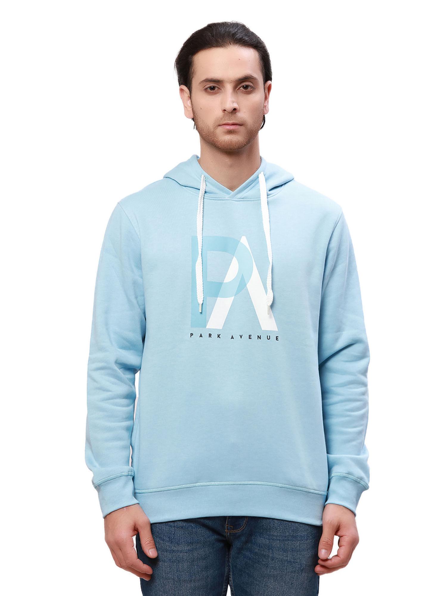 slim fit printed light blue hooded sweatshirt