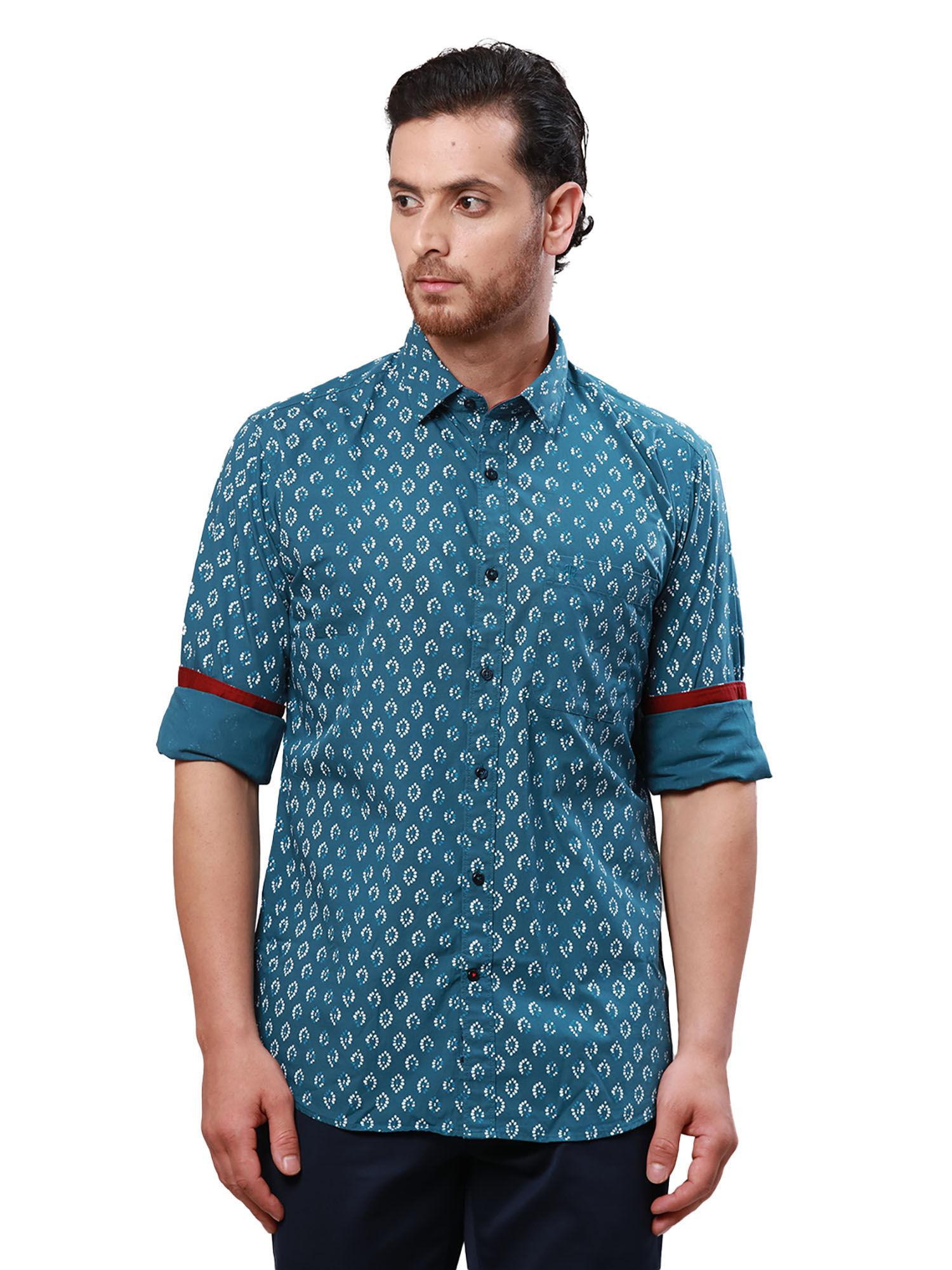 slim fit printed medium green shirt