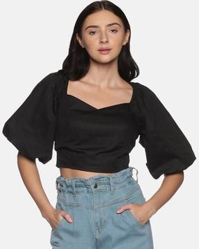 slim fit puff sleeves crop top