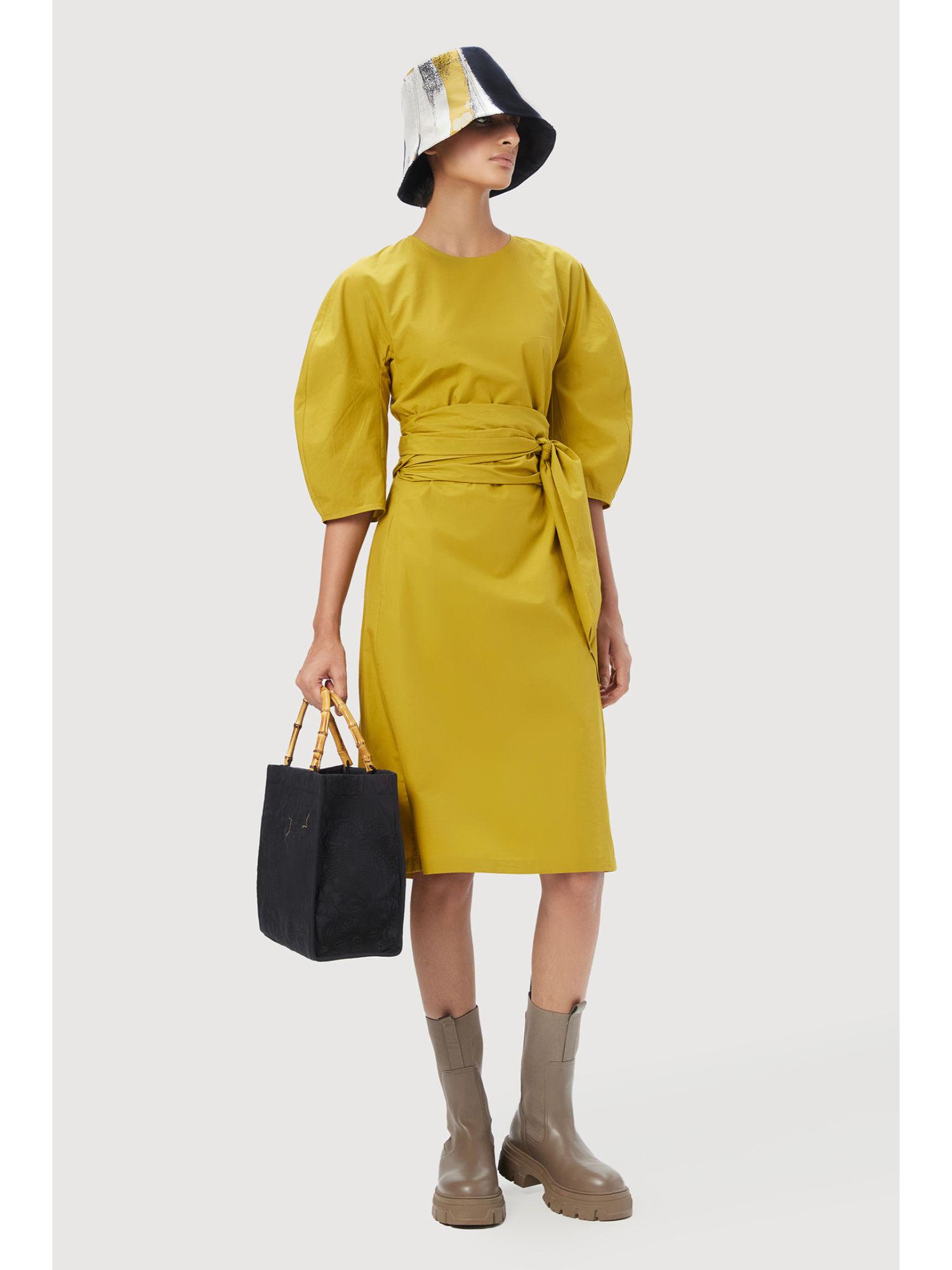 slim fit round neck dress with soft rounded shoulders mustard