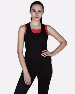 slim fit scoop-neck twofer tank top