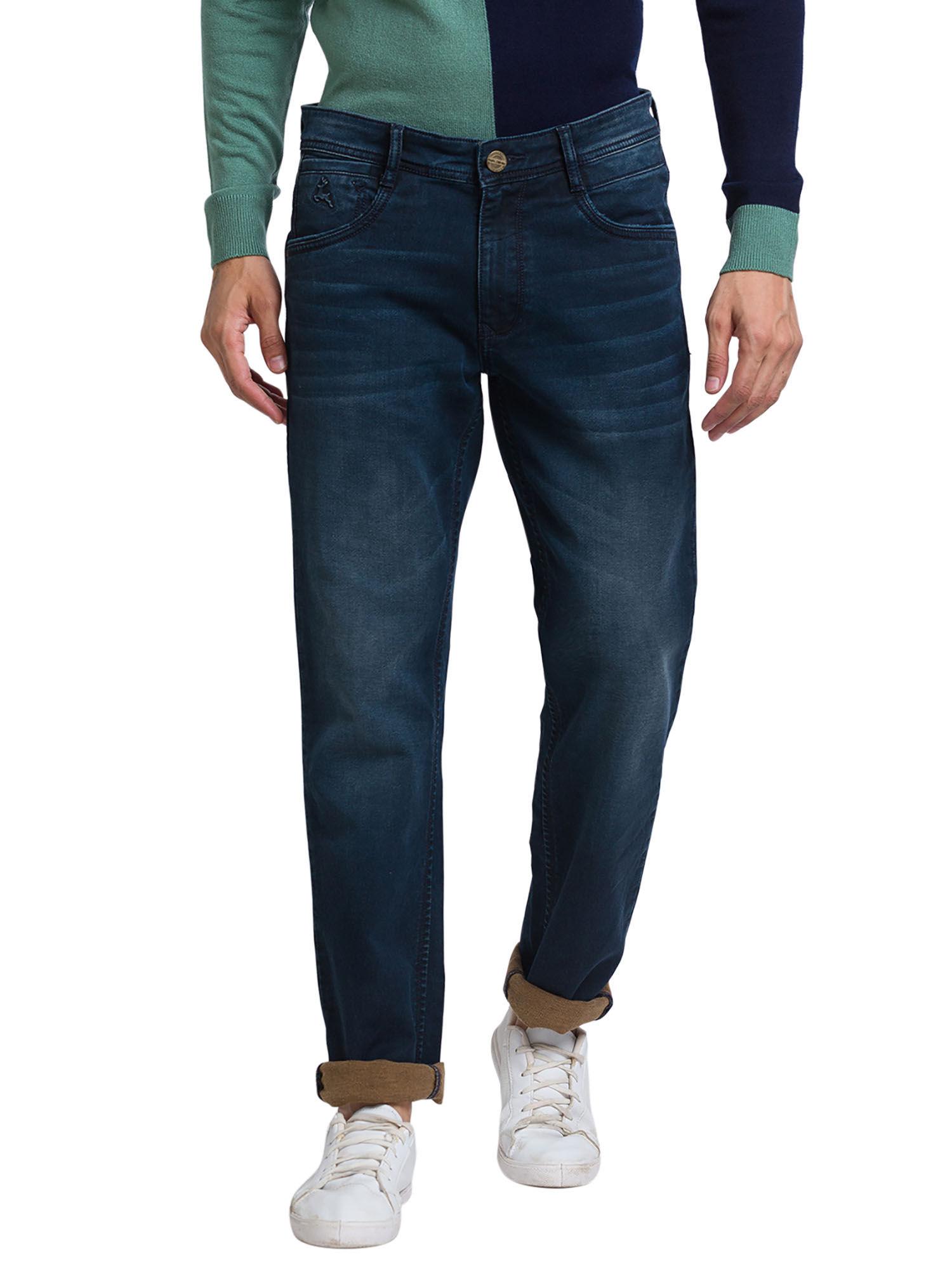 slim fit self design dark blue jeans