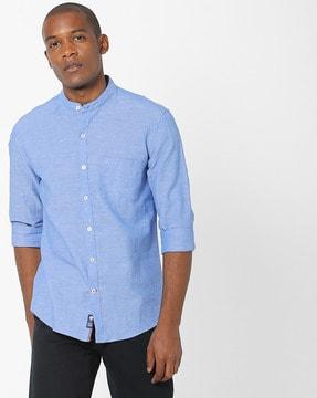 slim fit slub shirt with mandarin collar