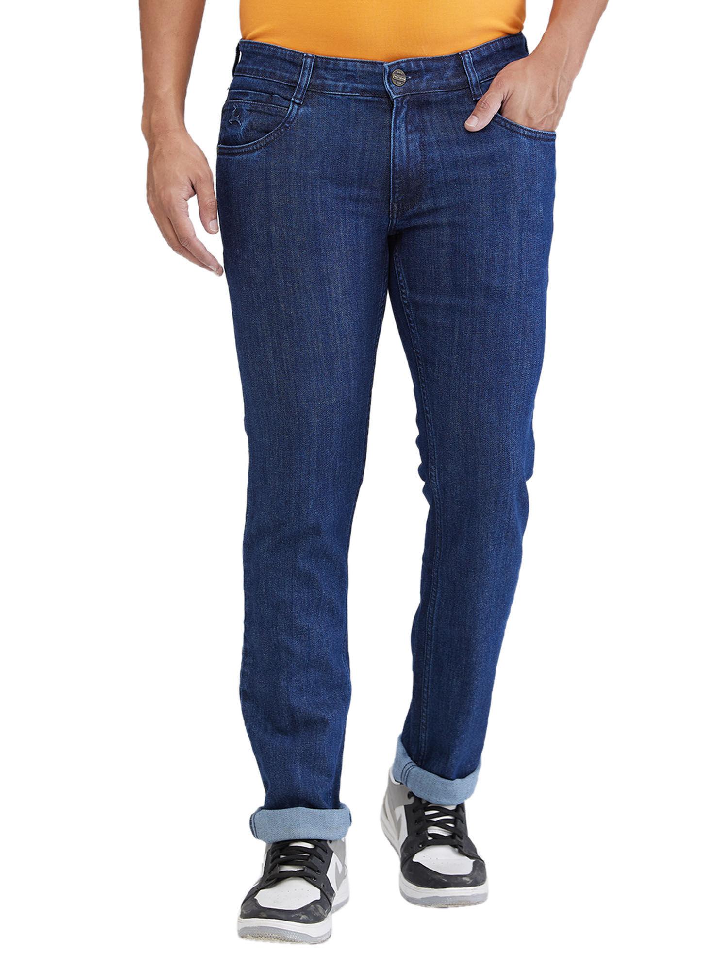 slim fit solid dark blue jeans