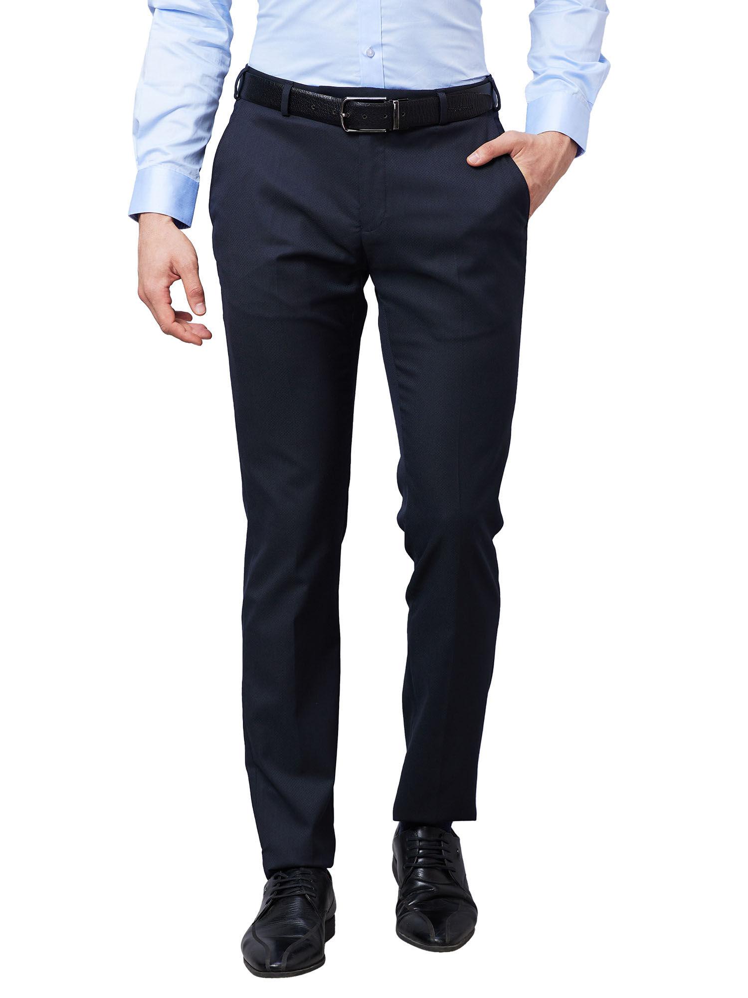 slim fit solid dark blue trousers