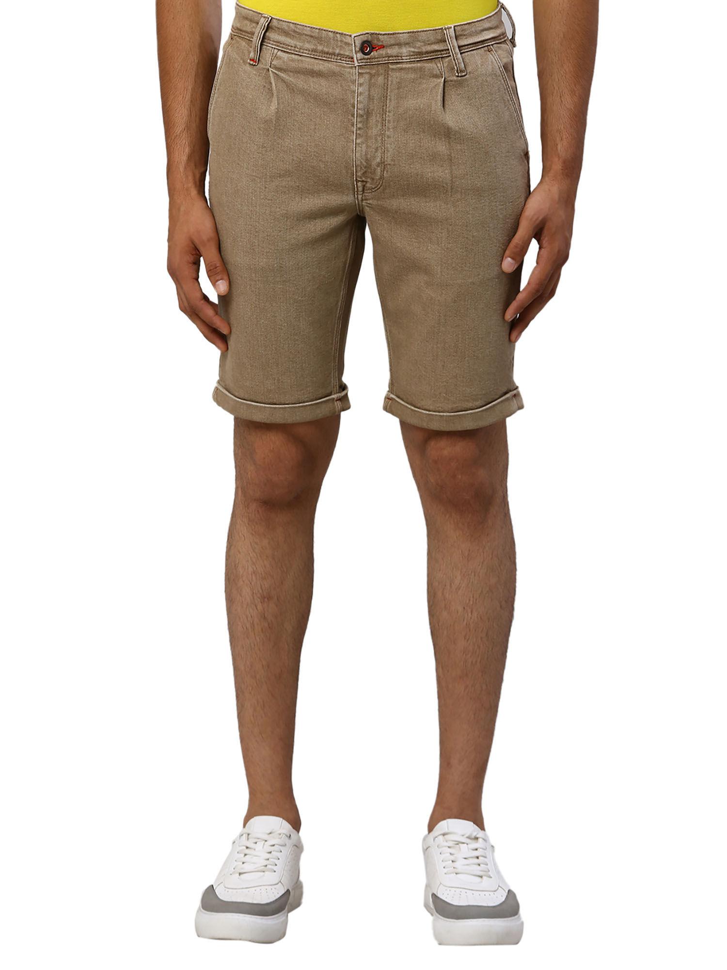 slim fit solid khaki shorts