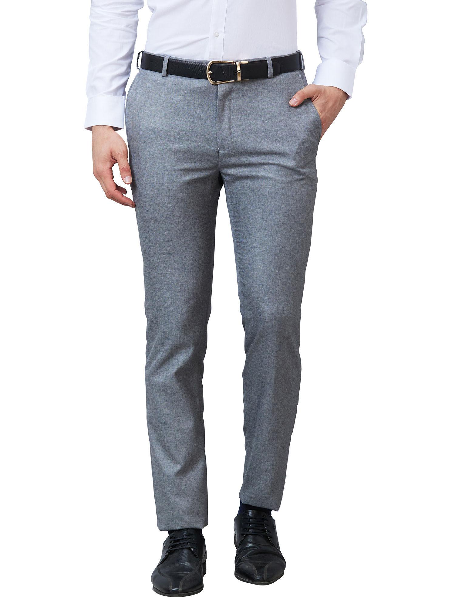 slim fit solid medium grey trousers