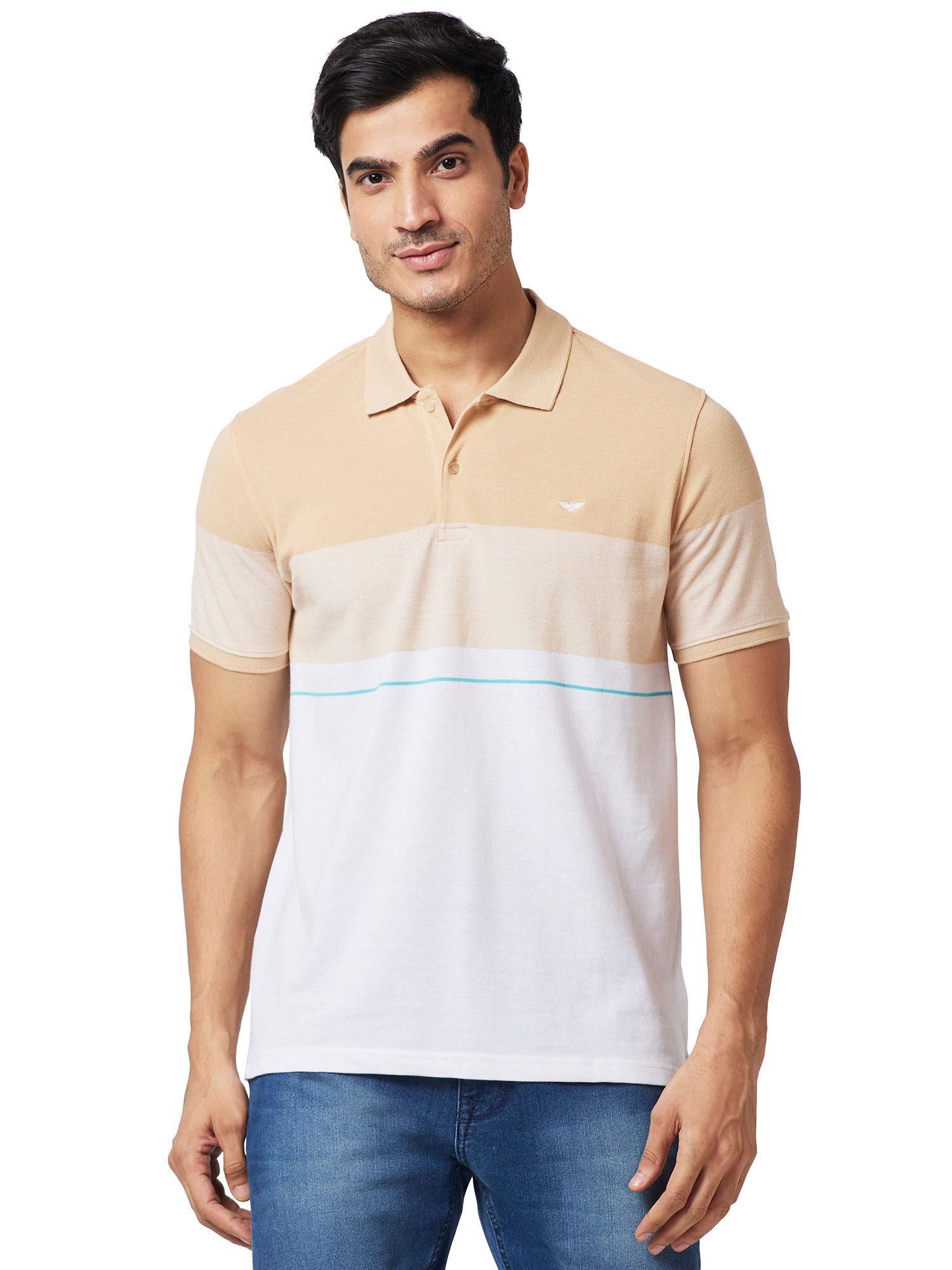 slim fit stripe fawn cream polo t shirt