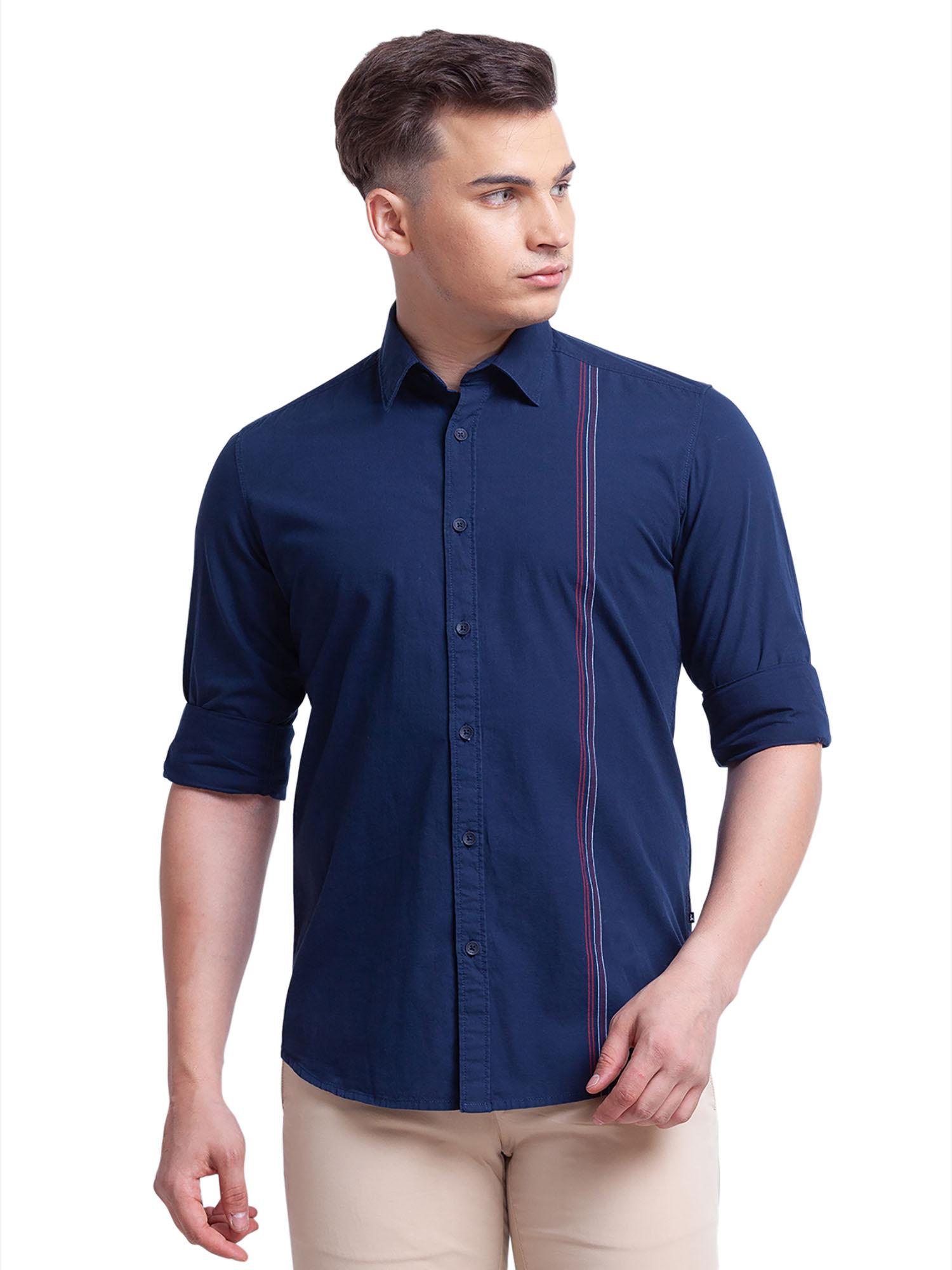 slim fit striped dark blue casual shirt