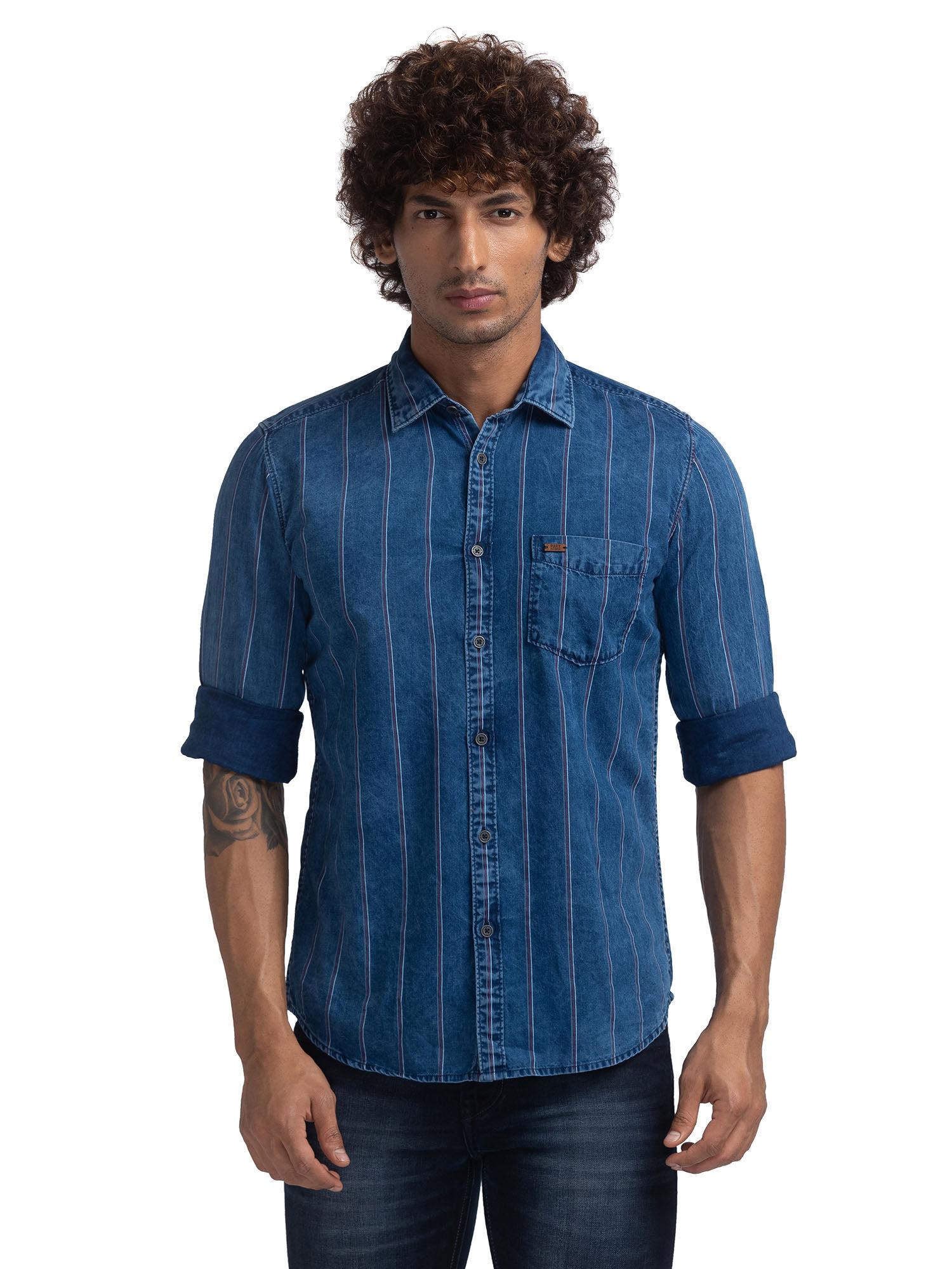 slim fit striped navy blue casual shirt