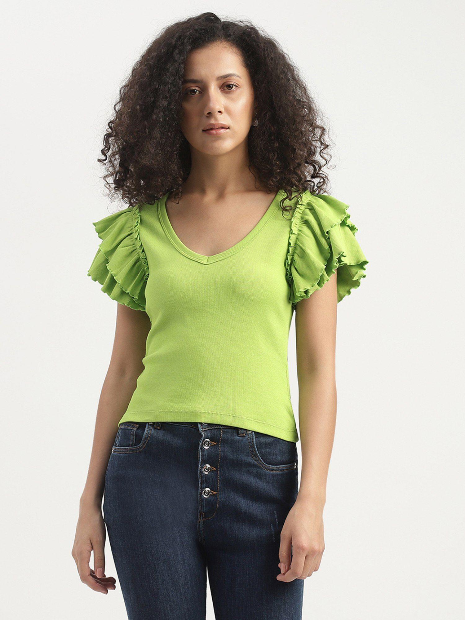 slim fit v-neck ruffle sleeve top green