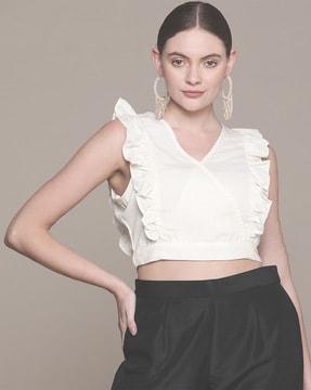 slim fit wrap top with ruffled overlay