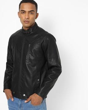 slim fit zip-front biker jacket with band collar