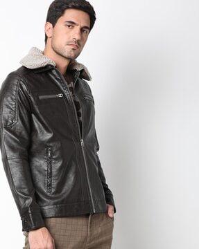 slim fit zip-front biker jacket with textured collar