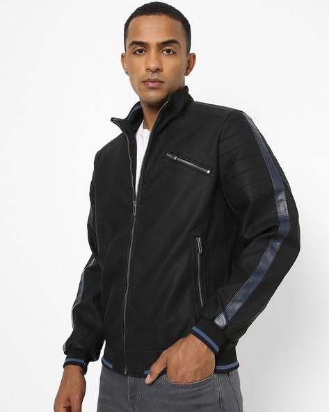 slim fit zip-front bomber jacket with contrast panels