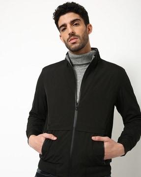 slim fit zip-front bomber jacket with pockets