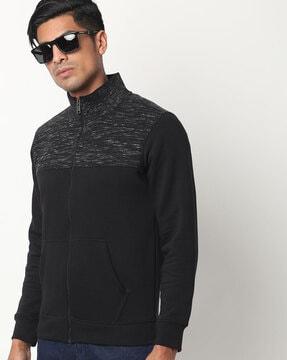 slim fit zip-front sweatshirt with neck buffer