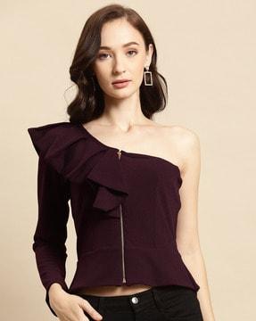slim fit zip-front top with ruffled detail
