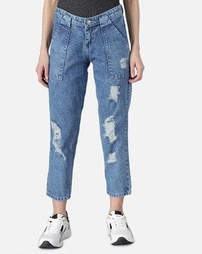 slim jeans with heavy distress