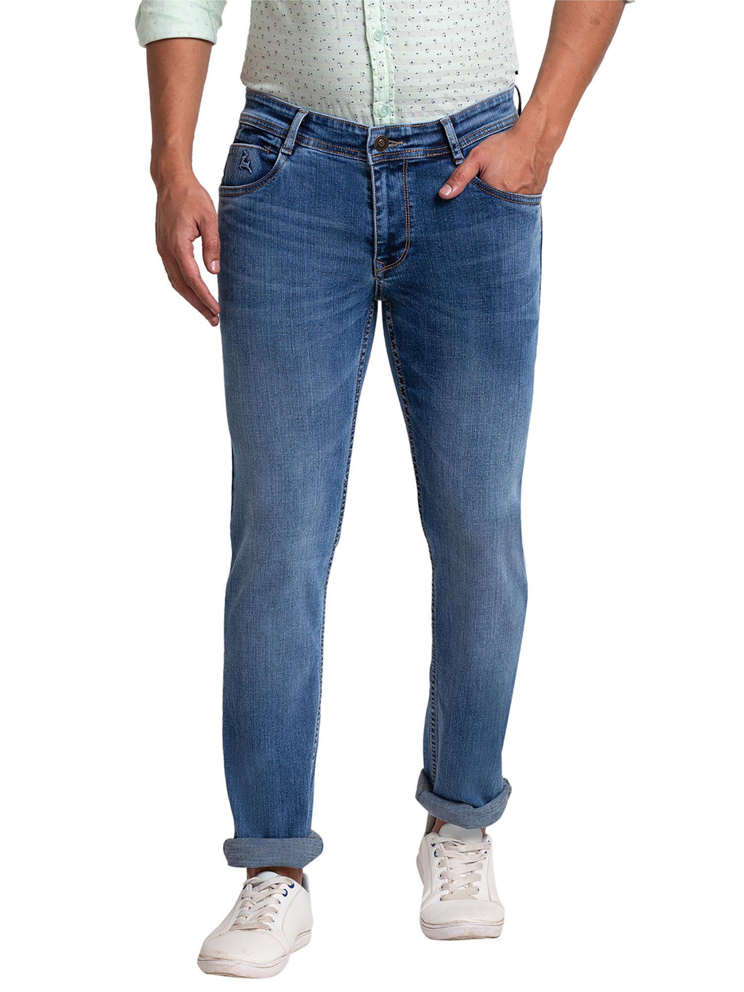 slim straight fit solid blue jeans