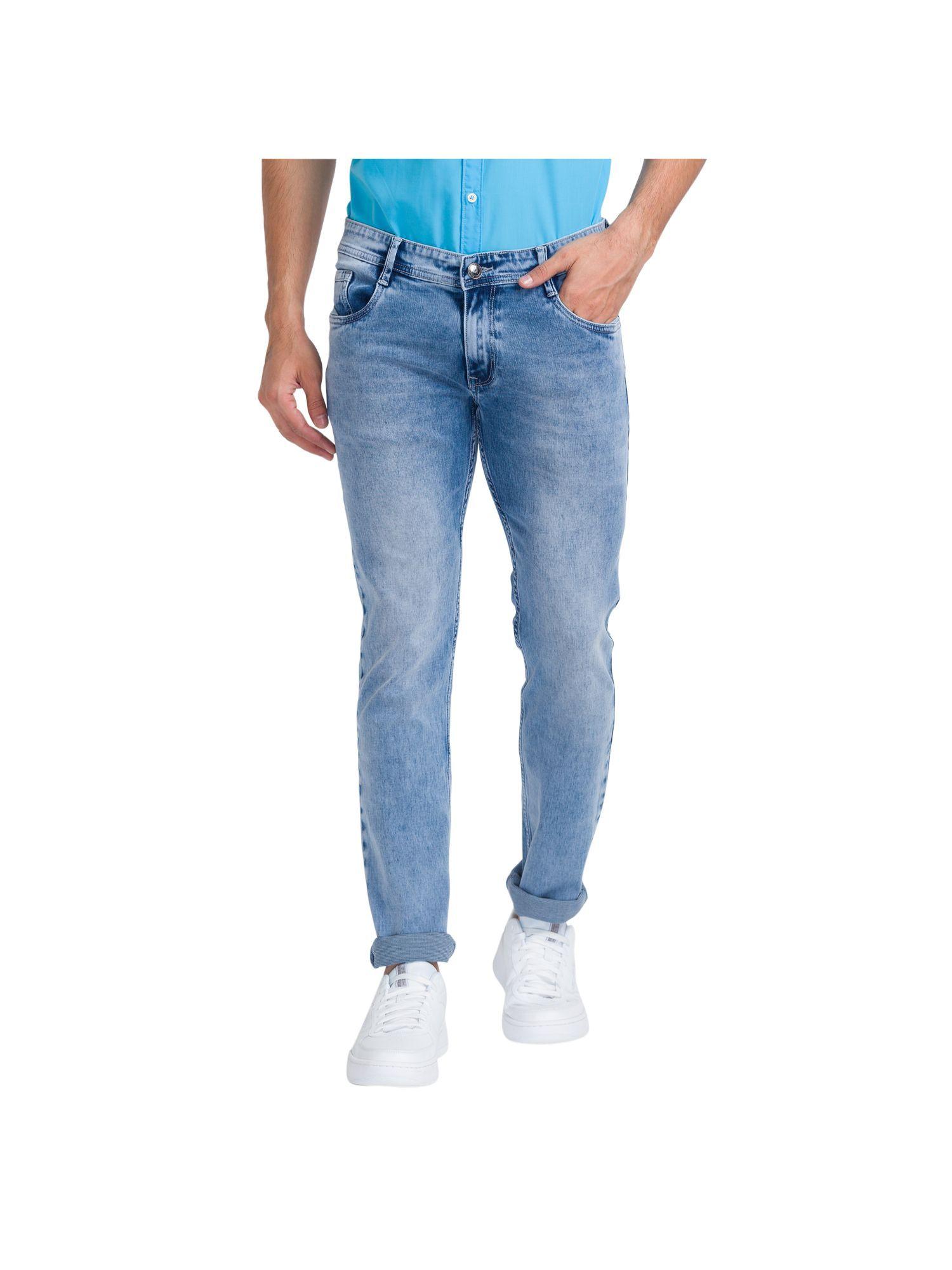 slim tapered fit solid blue jeans