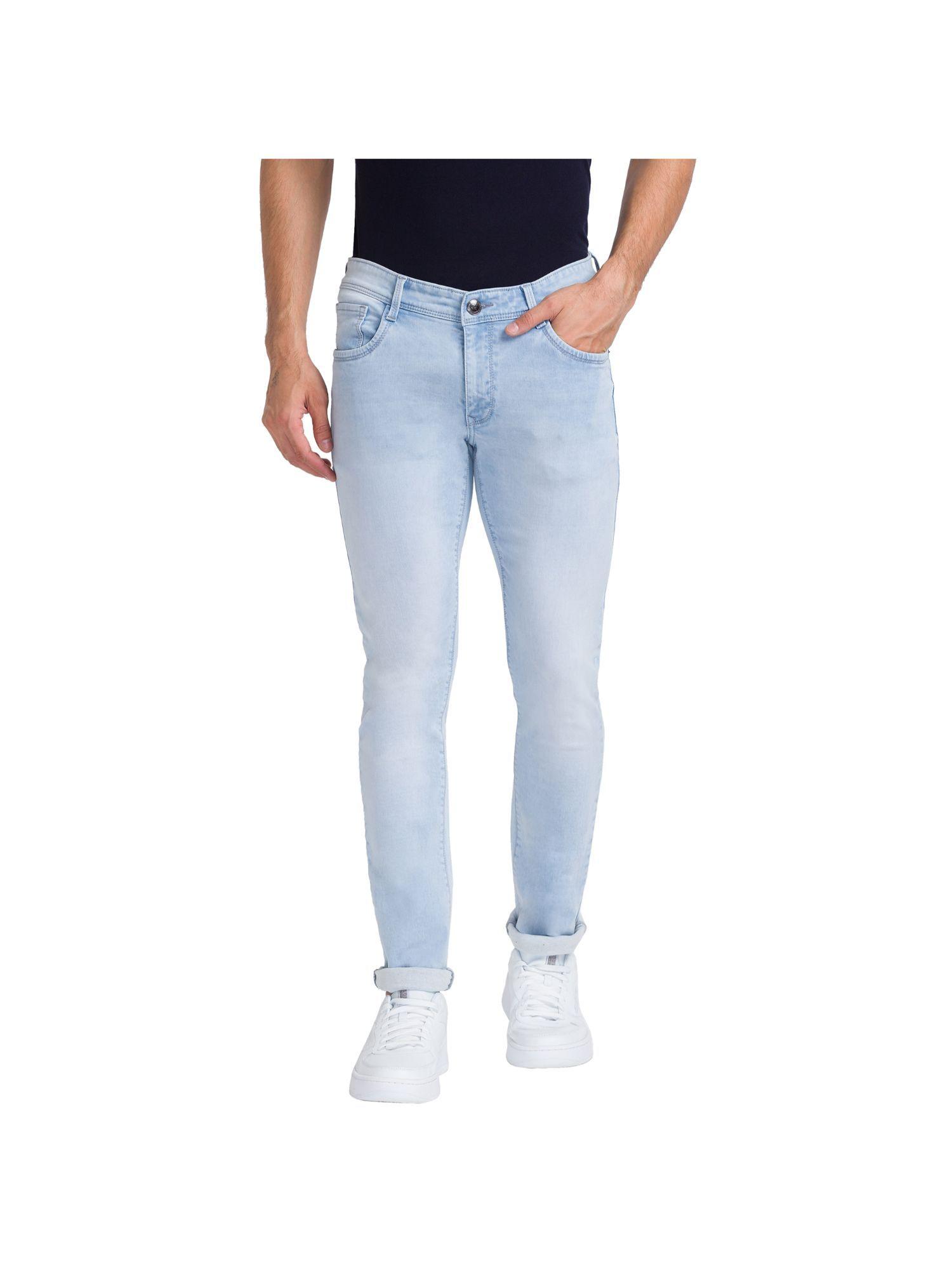 slim tapered fit solid blue jeans