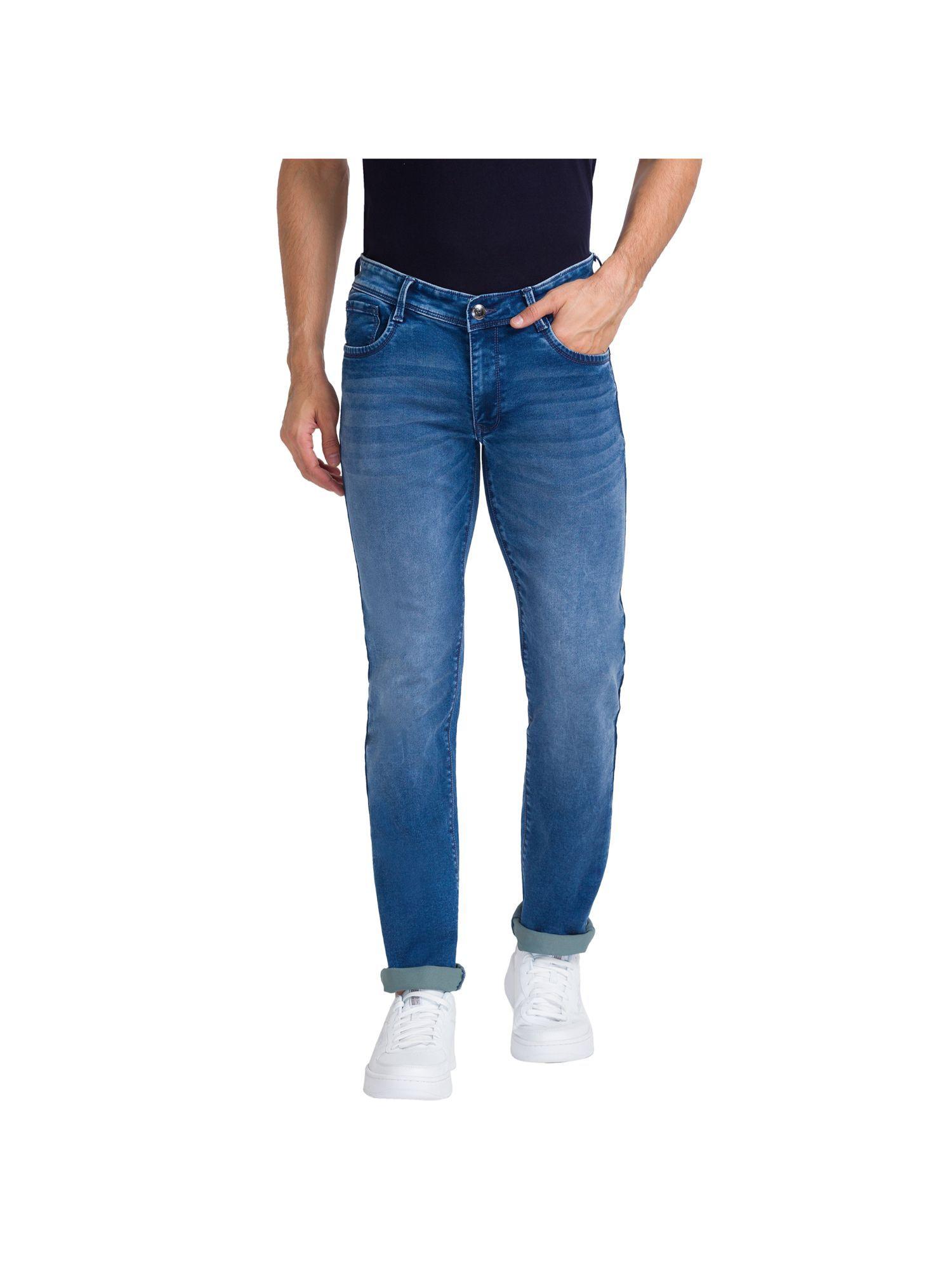 slim tapered fit solid blue jeans