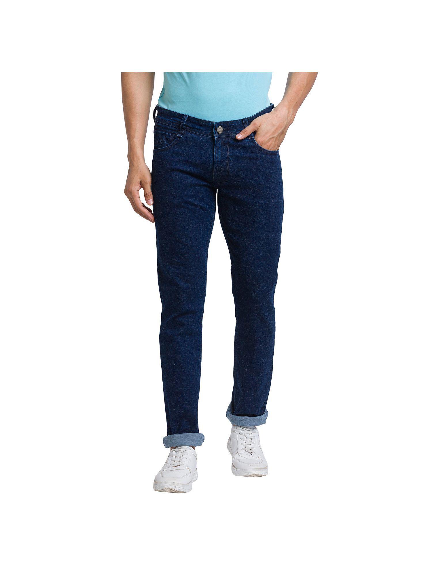 slim tapered fit solid dark blue jeans