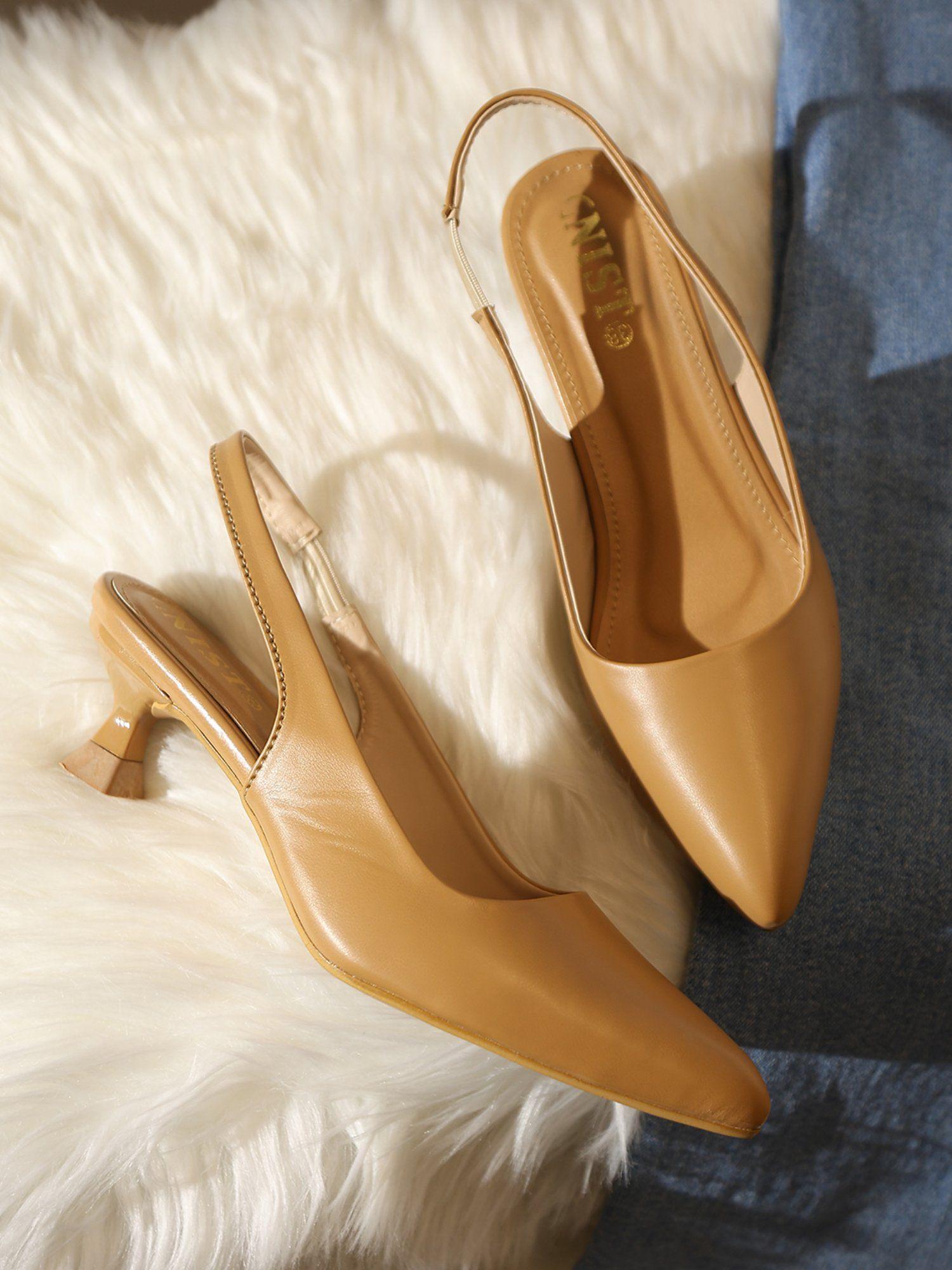 sling back beige kitten pump heels