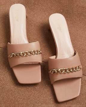 slip-on chunky heeled sandals with metal accent