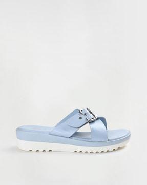 slip-on flat sandals with buckle-accent