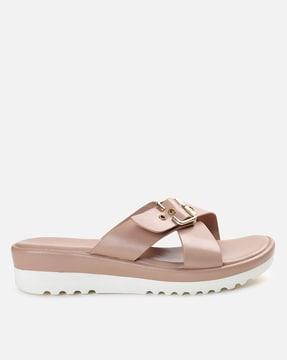 slip-on flat sandals with buckle-accent