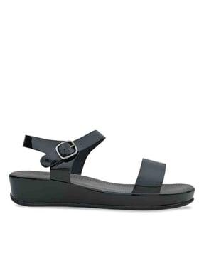 slip-on flat sandals with buckle closure