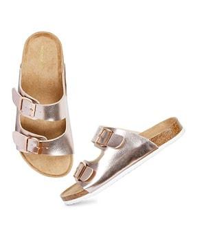 slip-on flat sandals with dual buckle strap