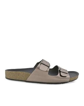 slip-on flat sandals with dual buckle strap