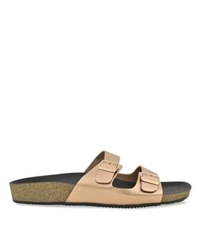 slip-on flat sandals with dual buckle strap